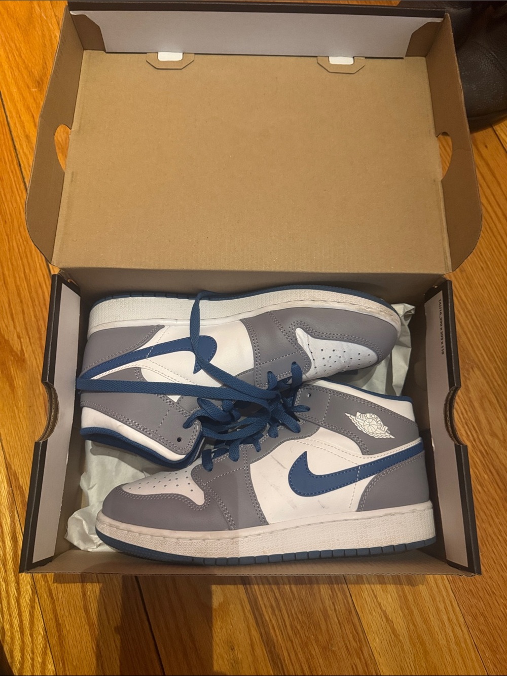 Air Jordan 1 Mid-Top Sneakers — White, Gray & Blue